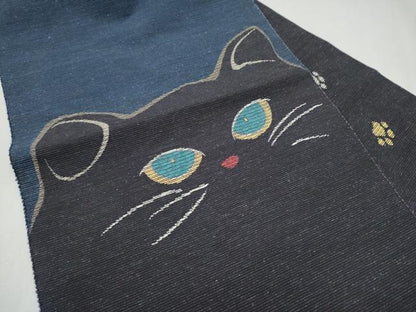 平和屋着物●八寸名古屋帯　紬地　猫　金糸　正絹　逸品　CABK5901hy
