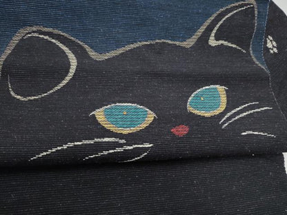 平和屋着物●八寸名古屋帯　紬地　猫　金糸　正絹　逸品　CABK5901hy