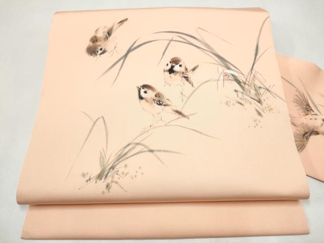 平和屋着物●塩瀬　九寸名古屋帯　手描き　草花文　正絹　逸品　CABK5904hy