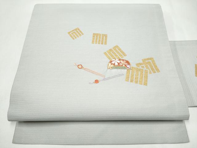 平和屋着物●九寸名古屋帯　櫛織　簪　源氏香舞桜文　金糸　正絹　逸品　CABK5906hy