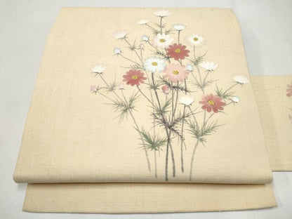 平和屋着物●九寸名古屋帯　手描き　紬地　枝菊文　正絹　逸品　CABK5908hy