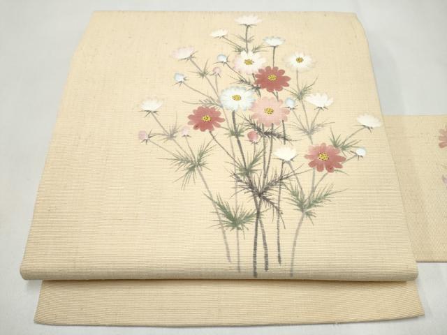 平和屋着物●九寸名古屋帯　手描き　紬地　枝菊文　正絹　逸品　CABK5908hy