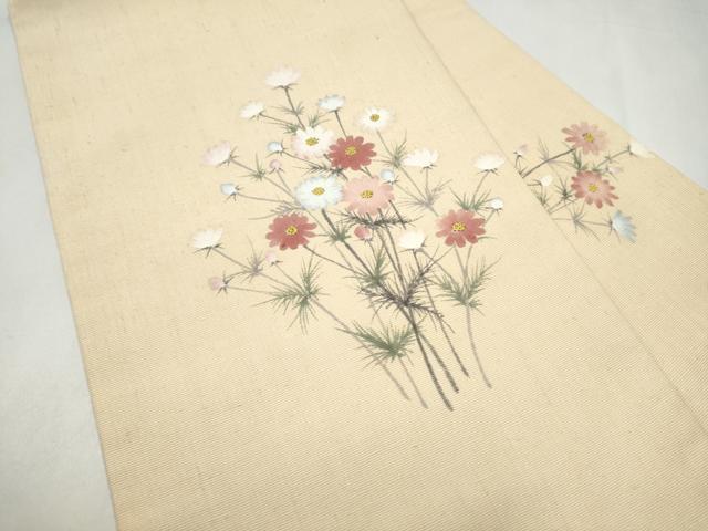 平和屋着物●九寸名古屋帯　手描き　紬地　枝菊文　正絹　逸品　CABK5908hy