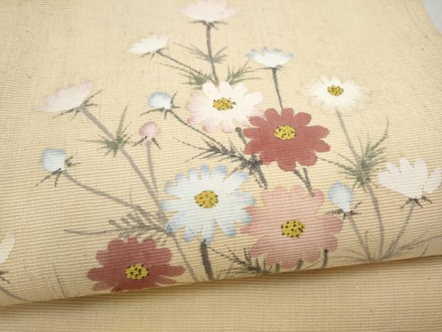 平和屋着物●九寸名古屋帯　手描き　紬地　枝菊文　正絹　逸品　CABK5908hy