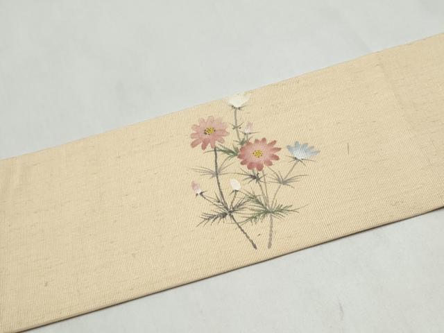 平和屋着物●九寸名古屋帯　手描き　紬地　枝菊文　正絹　逸品　CABK5908hy