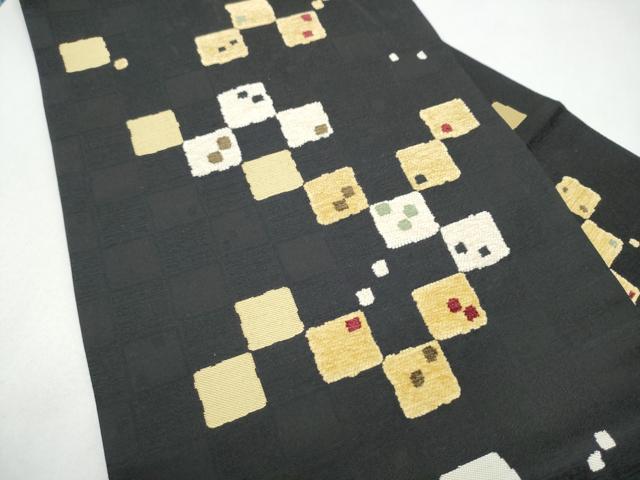 平和屋着物●九寸名古屋帯　モール織　変わり市松文様　黒地　正絹　逸品　CABK5909hy