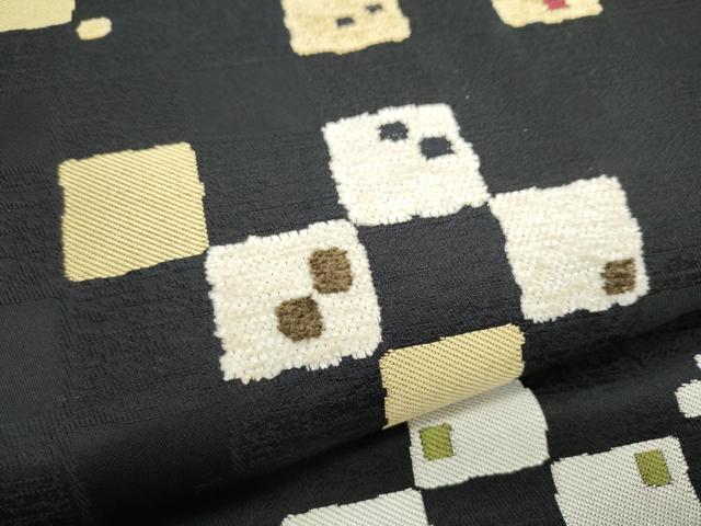 平和屋着物●九寸名古屋帯　モール織　変わり市松文様　黒地　正絹　逸品　CABK5909hy