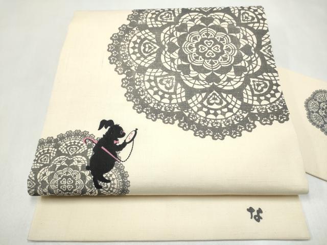 平和屋着物●九寸名古屋帯　作家物　型染め　兎　切り絵柄　ますいわ屋扱い　正絹　逸品　CABK5910hy