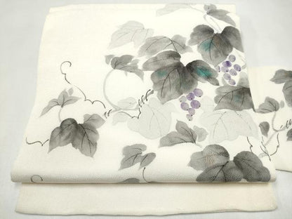 平和屋着物●九寸名古屋帯　手描き　葡萄蔦の葉文　金彩　鬼しぼ縮緬　正絹　逸品　CABK5912hy