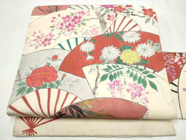 平和屋着物●アンティーク　大正ロマン　九寸名古屋帯　手描き　扇面草花文　金彩　正絹　逸品　CABK5918hy