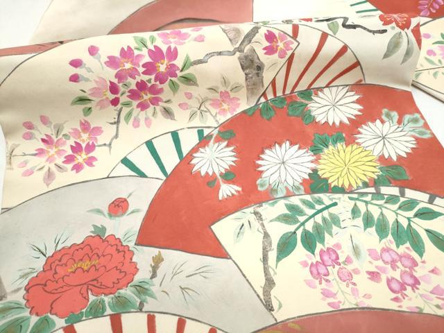 平和屋着物●アンティーク　大正ロマン　九寸名古屋帯　手描き　扇面草花文　金彩　正絹　逸品　CABK5918hy