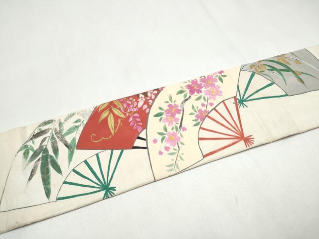平和屋着物●アンティーク　大正ロマン　九寸名古屋帯　手描き　扇面草花文　金彩　正絹　逸品　CABK5918hy