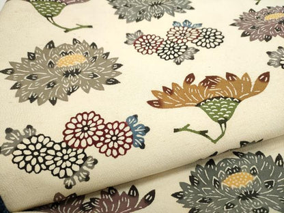平和屋着物●本場琉球紅型　九寸名古屋帯　扇面草花文　金彩　正絹　逸品　CABK5919hy