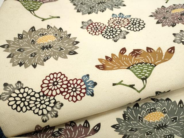 平和屋着物●本場琉球紅型　九寸名古屋帯　扇面草花文　金彩　正絹　逸品　CABK5919hy