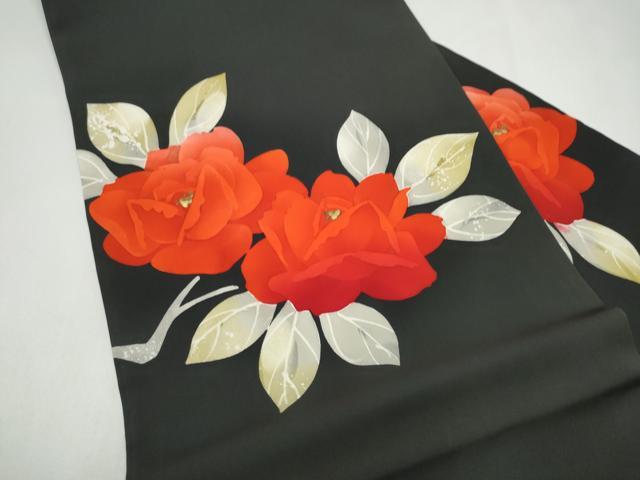 平和屋着物●塩瀬　九寸名古屋帯　ろうけつ染　枝椿　黒地　金彩　正絹　逸品　CABK5922hy