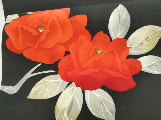 平和屋着物●塩瀬　九寸名古屋帯　ろうけつ染　枝椿　黒地　金彩　正絹　逸品　CABK5922hy