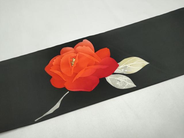 平和屋着物●塩瀬　九寸名古屋帯　ろうけつ染　枝椿　黒地　金彩　正絹　逸品　CABK5922hy