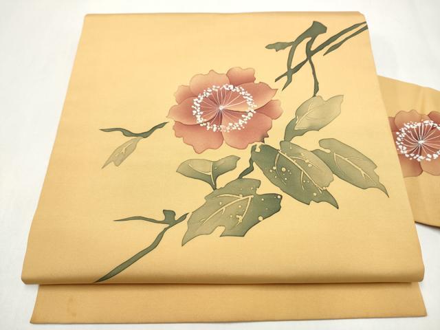 平和屋着物●塩瀬　九寸名古屋帯　ろうけつ染　枝花文文　正絹　逸品　CABK5923hy