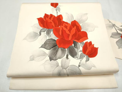平和屋着物●塩瀬　九寸名古屋帯　手描き　枝花文　正絹　逸品　CABK5924hy