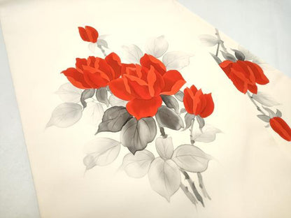 平和屋着物●塩瀬　九寸名古屋帯　手描き　枝花文　正絹　逸品　CABK5924hy