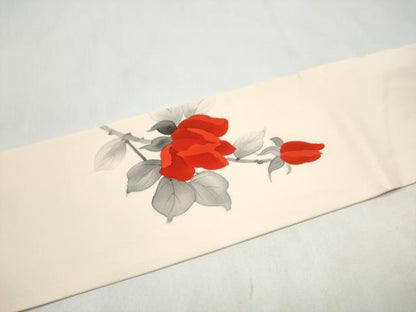 平和屋着物●塩瀬　九寸名古屋帯　手描き　枝花文　正絹　逸品　CABK5924hy