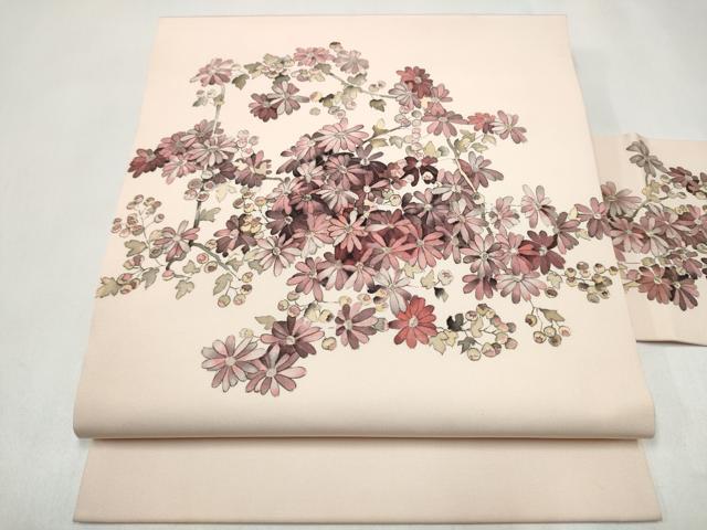 平和屋着物●塩瀬　九寸名古屋帯　手描き　枝菊文　正絹　逸品　CABK5935hy