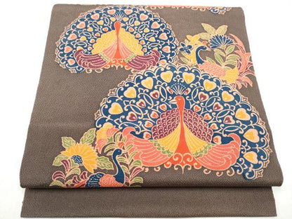 平和屋着物●全通柄　九寸開き名古屋帯　型染め　孔雀文　鬼しぼ縮緬　正絹　逸品　CABK5936hy