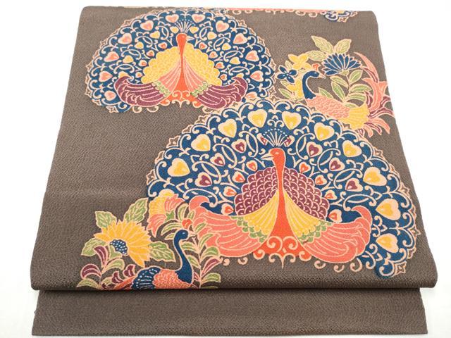平和屋着物●全通柄　九寸開き名古屋帯　型染め　孔雀文　鬼しぼ縮緬　正絹　逸品　CABK5936hy