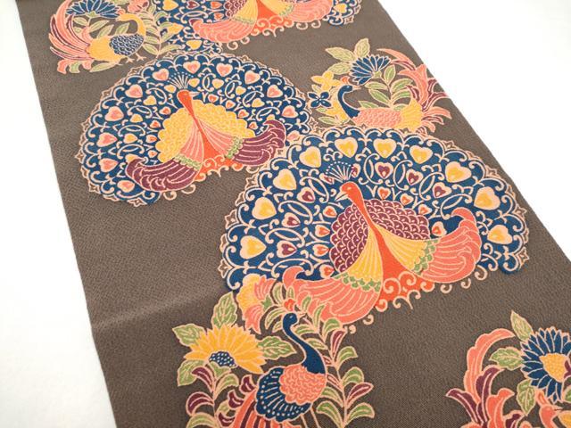 平和屋着物●全通柄　九寸開き名古屋帯　型染め　孔雀文　鬼しぼ縮緬　正絹　逸品　CABK5936hy