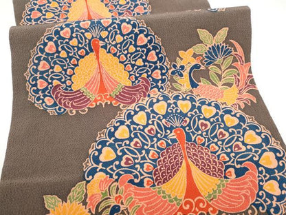 平和屋着物●全通柄　九寸開き名古屋帯　型染め　孔雀文　鬼しぼ縮緬　正絹　逸品　CABK5936hy