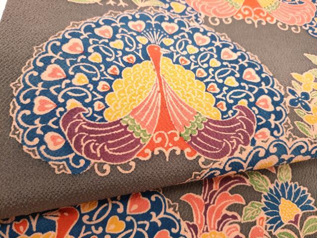 平和屋着物●全通柄　九寸開き名古屋帯　型染め　孔雀文　鬼しぼ縮緬　正絹　逸品　CABK5936hy