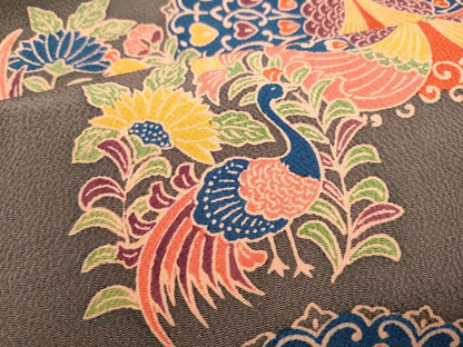 平和屋着物●全通柄　九寸開き名古屋帯　型染め　孔雀文　鬼しぼ縮緬　正絹　逸品　CABK5936hy