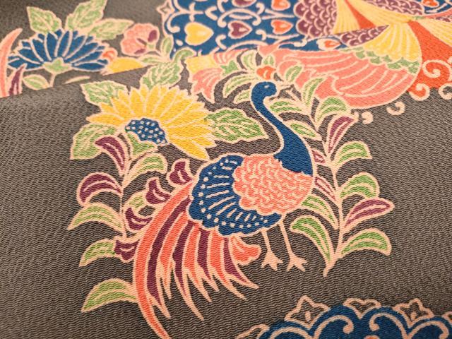 平和屋着物●全通柄　九寸開き名古屋帯　型染め　孔雀文　鬼しぼ縮緬　正絹　逸品　CABK5936hy