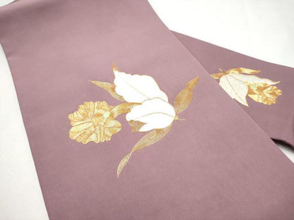 平和屋着物●塩瀬　九寸名古屋帯　総刺繍　駒刺繍　枝花文　金糸　正絹　逸品　CABK5938hy