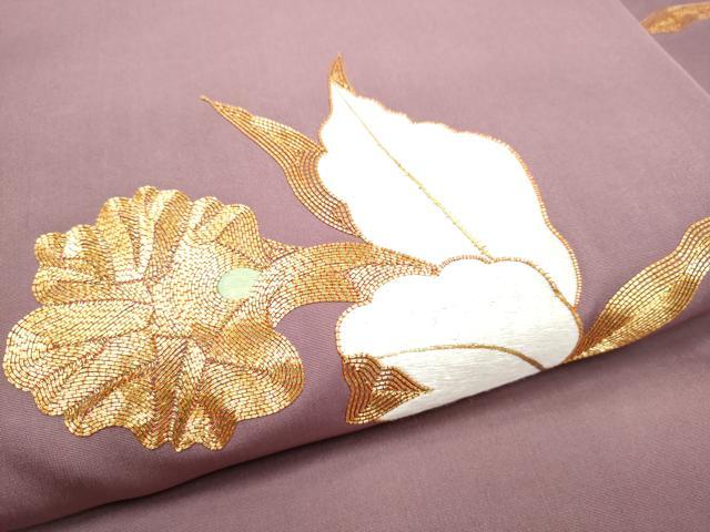 平和屋着物●塩瀬　九寸名古屋帯　総刺繍　駒刺繍　枝花文　金糸　正絹　逸品　CABK5938hy