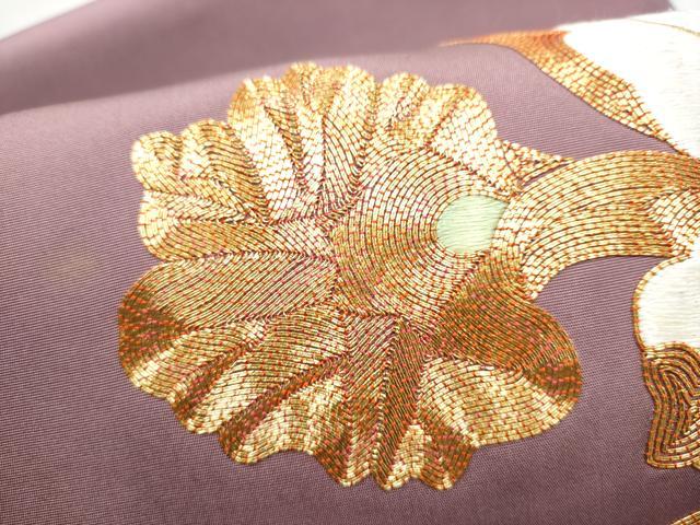 平和屋着物●塩瀬　九寸名古屋帯　総刺繍　駒刺繍　枝花文　金糸　正絹　逸品　CABK5938hy