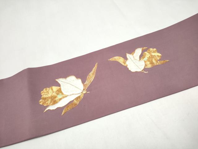 平和屋着物●塩瀬　九寸名古屋帯　総刺繍　駒刺繍　枝花文　金糸　正絹　逸品　CABK5938hy