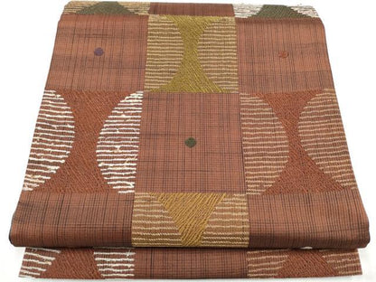 平和屋着物●六通柄袋帯　幾何変市松文様　金糸　正絹　逸品　CABK5946hy