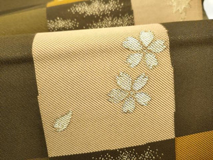 平和屋着物●六通柄袋帯　市松草花文　金糸　正絹　逸品　CABK5958hy