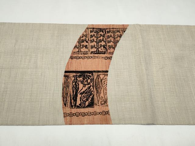 平和屋着物●太鼓柄袋帯　紬地　休み鳥樹林文　正絹　逸品　CABK5964hy