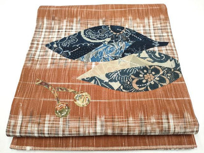 平和屋着物●太鼓柄袋帯　紬地　刺し子　パッチワーク　草花文　長尺　正絹　逸品　CABK5969hy