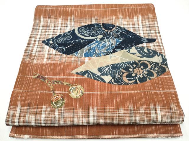 平和屋着物●太鼓柄袋帯　紬地　刺し子　パッチワーク　草花文　長尺　正絹　逸品　CABK5969hy
