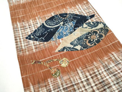 平和屋着物●太鼓柄袋帯　紬地　刺し子　パッチワーク　草花文　長尺　正絹　逸品　CABK5969hy