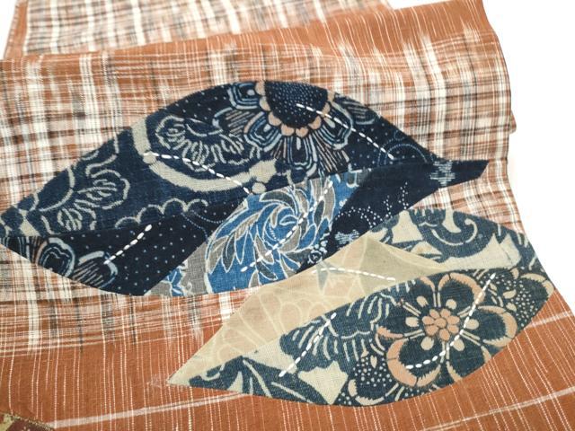 平和屋着物●太鼓柄袋帯　紬地　刺し子　パッチワーク　草花文　長尺　正絹　逸品　CABK5969hy