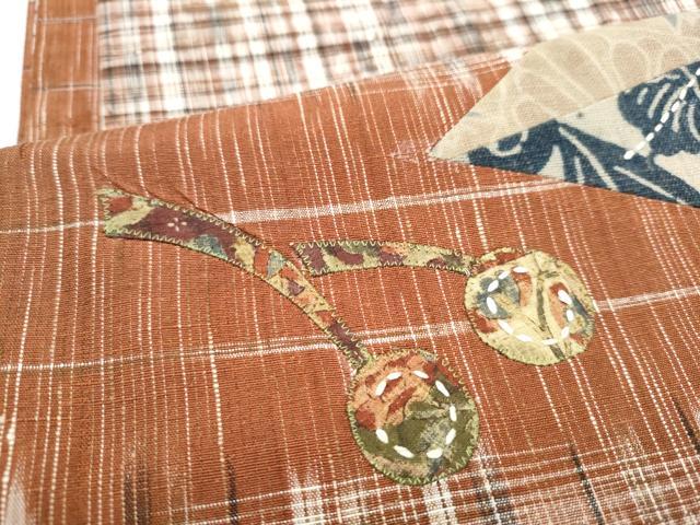 平和屋着物●太鼓柄袋帯　紬地　刺し子　パッチワーク　草花文　長尺　正絹　逸品　CABK5969hy