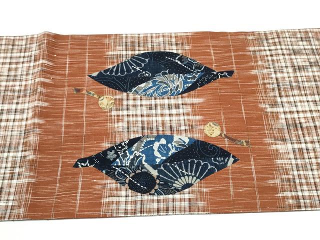 平和屋着物●太鼓柄袋帯　紬地　刺し子　パッチワーク　草花文　長尺　正絹　逸品　CABK5969hy