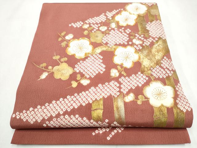 平和屋着物●太鼓柄袋帯　絞り　駒刺繍　枝梅文　金彩　正絹　逸品　CABK5974hy