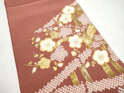 平和屋着物●太鼓柄袋帯　絞り　駒刺繍　枝梅文　金彩　正絹　逸品　CABK5974hy