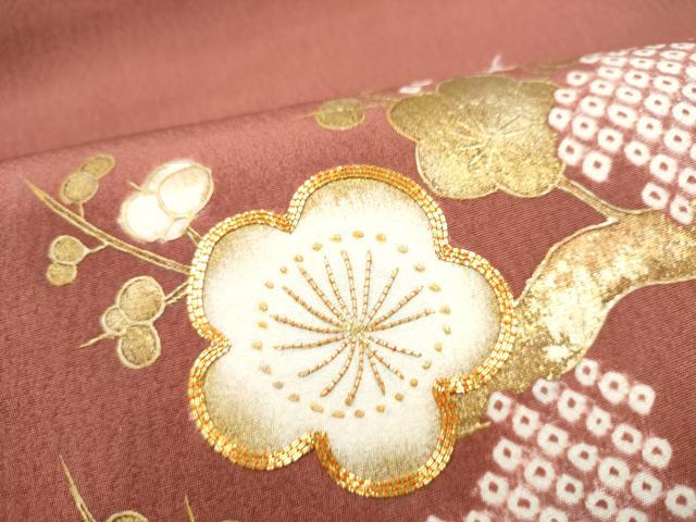 平和屋着物●太鼓柄袋帯　絞り　駒刺繍　枝梅文　金彩　正絹　逸品　CABK5974hy