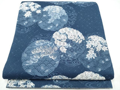 平和屋着物●六通柄袋帯　唐織　藍染　草花丸文　正絹　逸品　CABK5993hy